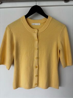 OAK + FORT Yellow Ribbed Button-Front Short Sleeve Cardigan